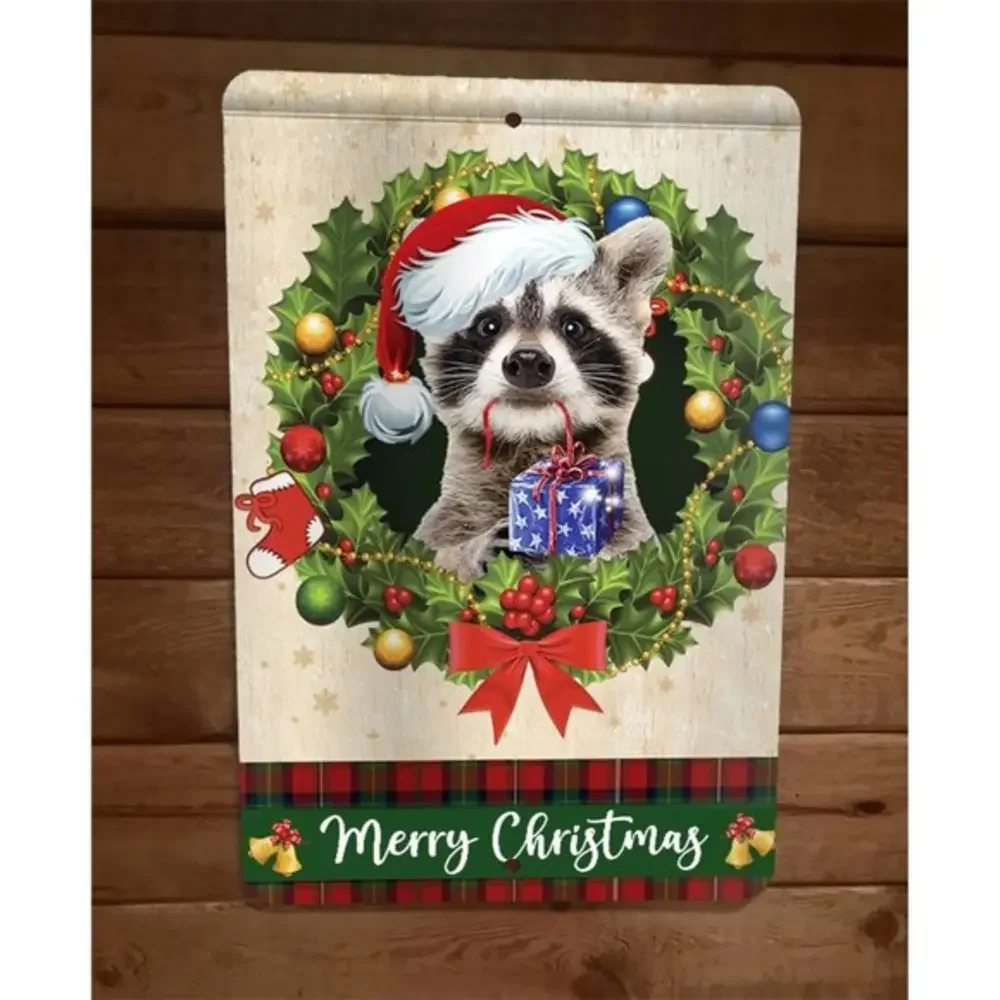 Merry Christmas Raccoon Xmas 8x12 Metal Wall Sign Animal‎ Poster